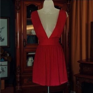 NEW!! Sexy Red Deep Plunge V-neckline Mini Chiffon Dress Bow Back  Valentine Day